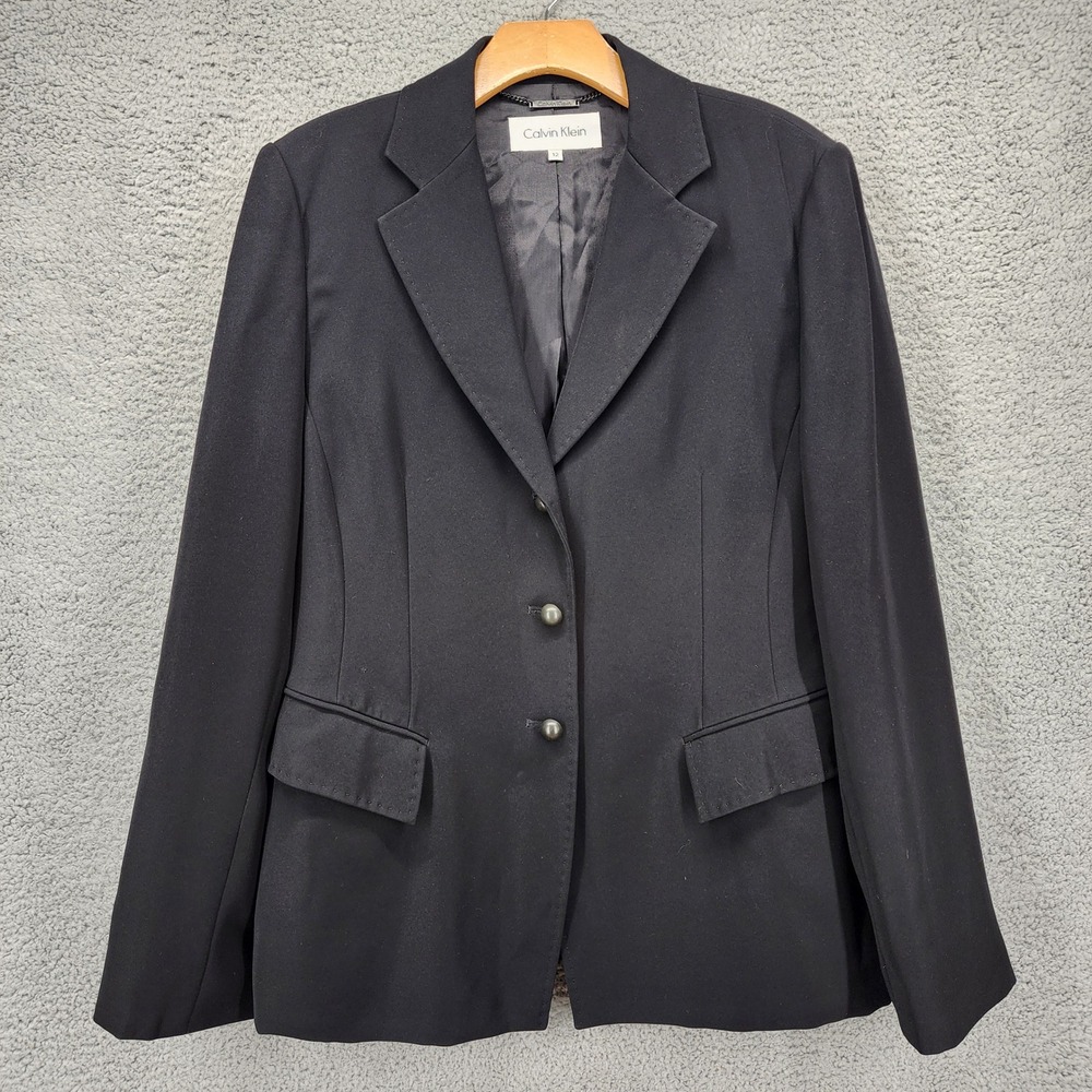 Calvin Klein Womens Black Three Button Tailored Blazer Jacket Size 12
